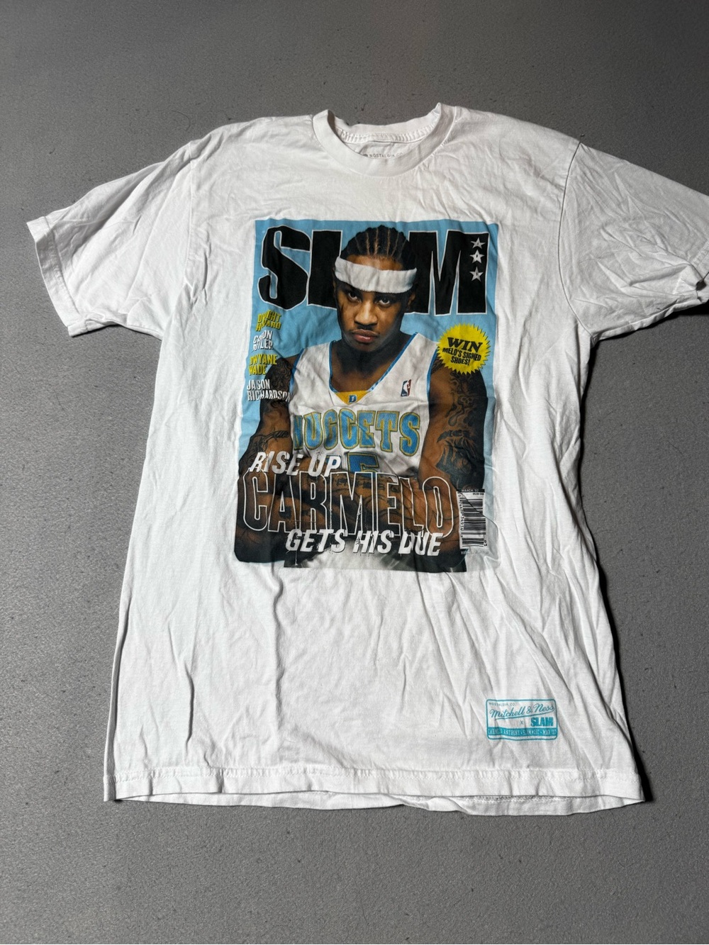 Carmelo White Tee with Blue and Black Graphic Size M